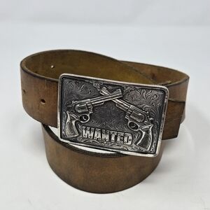NOCONA SILVER TONE METAL BUCKLE WANTED GUNSLINGER BROWN LEATHER BELT UNISEX OS